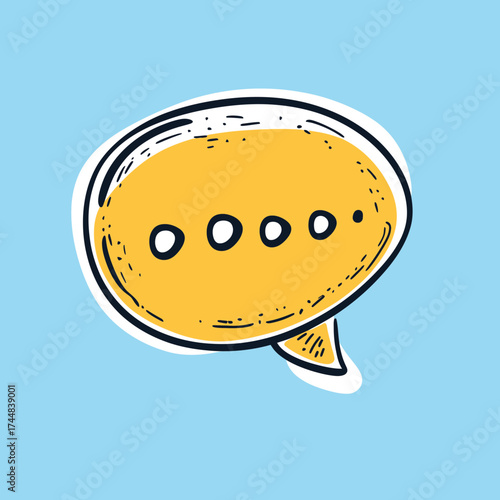 Yellow hand drawn speech bubble icon with ellipsis dots message symbol on blue background cartoon style vector illustration for communication concept design