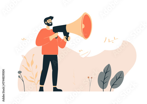 Bearded man holding megaphone speaking outdoor flat minimal vector illustration with plants and abstract background for marketing promotion communication concept