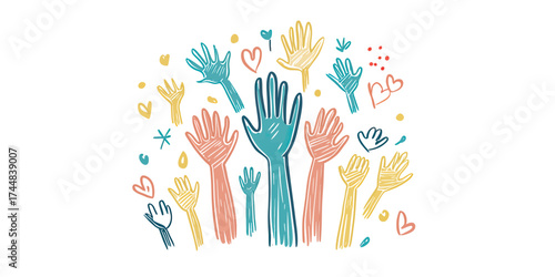 Colorful hand raised doodle sketch with hearts and stars symbolizing community support unity solidarity partnership and togetherness in minimalistic line art style vector illustration