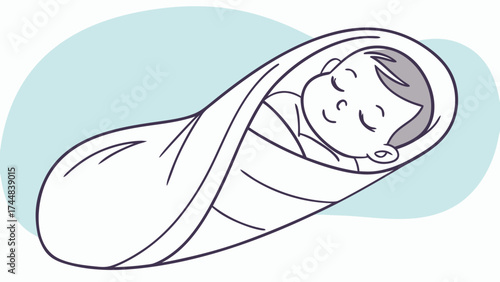 A serene illustration depicting a baby peacefully swaddled in a white blanket against a pale blue background