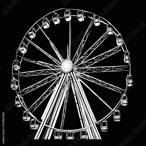 Low angle view of black and white Ferris wheel illustration with passenger cabins minimalist design isolated on black background vector