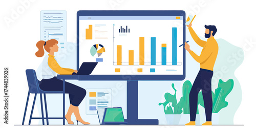 Business team analyzing sales performance data with bar chart and pie chart on large monitor in modern office environment flat vector illustration