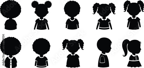 Diverse Child Silhouette Vector Set – Unique Hairstyles, Outfits, Inclusive Black Figures for Educational, Cultural, and Character Design Use