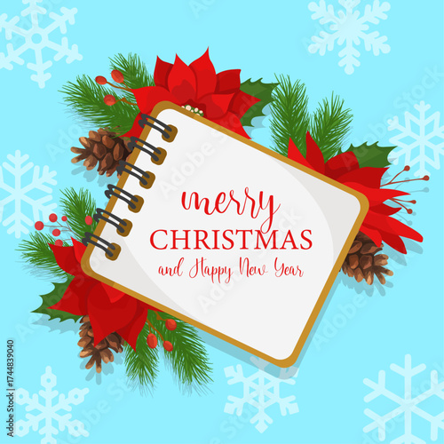 Christmas greeting card wish with red holly flowers fir tree branches snowflakes in background