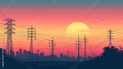 Sunset silhouette of electrical power transmission towers and lines with city skyline and birds in flat minimalist style vector illustration
