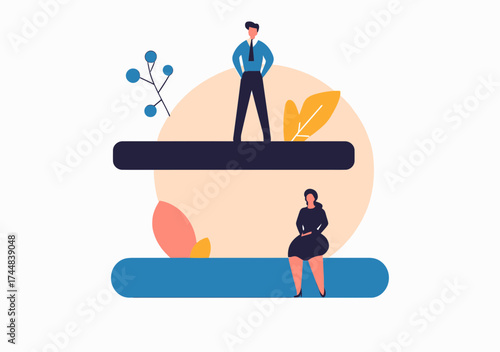 Businessman standing above businesswoman sitting on unequal bars symbolizing gender inequality and workplace disparity concepts in flat vector style