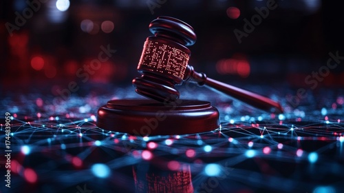 Judge wooden gavel with digital glowing details placed on network grid background, artificial intelligence law digital regulation, cyber justice, future governance, legal innovation, technology ethics
