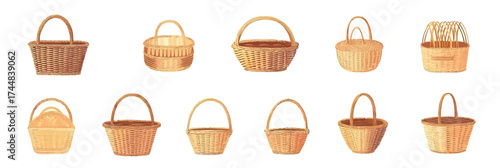 Set of twelve different empty woven wicker baskets with handles in minimalist flat style vector illustration for picnic storage and decoration concepts