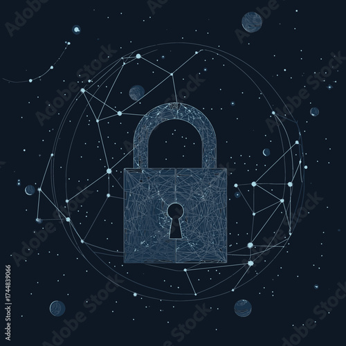 Abstract wireframe padlock security icon surrounded by digital constellation network and cosmic planets on dark background vector illustration