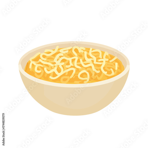 Bowl of cooked instant noodles in beige bowl flat minimalist vector illustration simple food concept with yellow curly noodles on white background