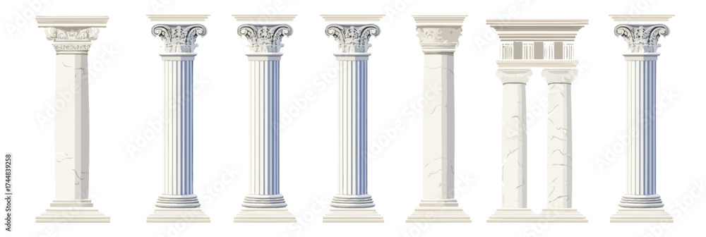 Naklejka premium Collection of classical ancient Greek and Roman architectural columns with Corinthian, Ionic, Doric styles and marble textures on white background vector illustration