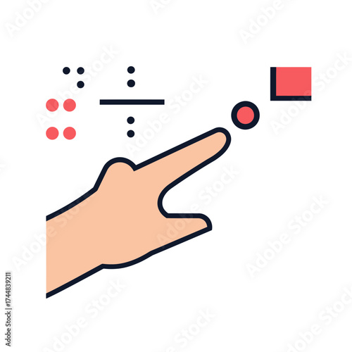Flat minimalist vector illustration of human hand pointing at red dot with braille symbols, accessibility and touch concept design