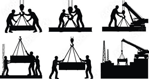 Construction Workers and Cranes Silhouettes in Black Vector Style Depicting Beam Lifting, Teamwork, and Heavy Machinery for Industrial Design Themes