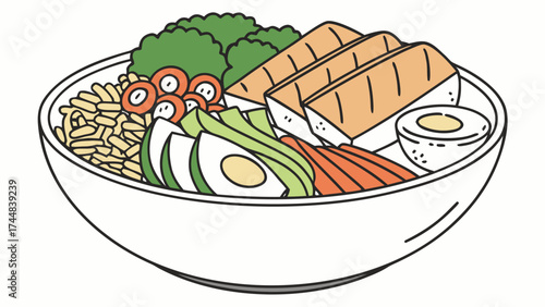 A vibrant bowl filled with fresh avocado grilled chicken and an assortment of healthy ingredients displayed nicely