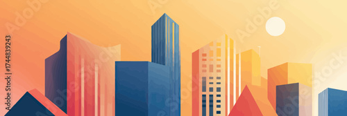 Minimalist city skyline at sunset with modern geometric skyscrapers and warm orange gradient sky background banner vector illustration