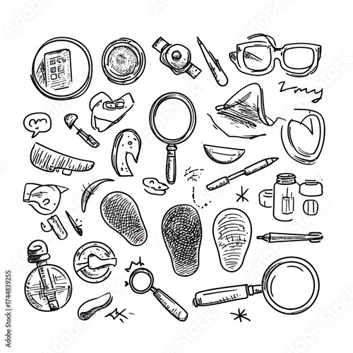Hand drawn detective investigation doodle set with fingerprint, footprint, magnifying glass, glasses, pen, watch, comb, and other investigation tools in sketch style
