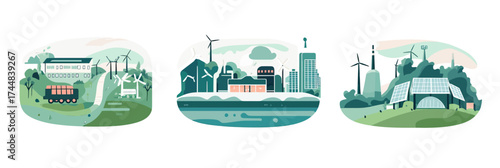 Sustainable energy infrastructure with wind turbines solar panels eco friendly power plants and electric transport in flat minimalist vector style