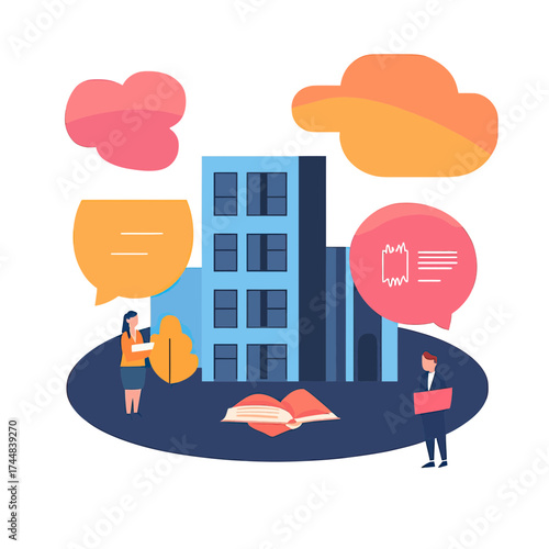 Minimalist flat vector illustration of language school building with students holding books and colorful speech bubbles representing communication and language learning concepts