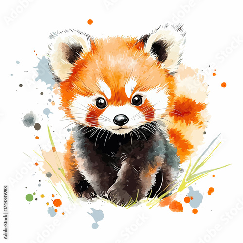 Cute watercolor painting of baby red panda sitting with fluffy tail and bright eyes surrounded by colorful splashes and grass accents in artistic style