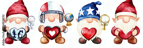 Cute cartoon gnomes holding heart shapes with American football helmet, globe, whistle and vintage stars hat, watercolor style vector illustration for sports and holiday design