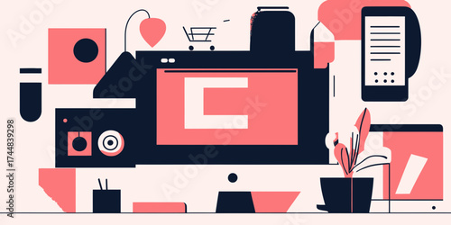 Flat minimalist vector illustration of modern workspace with desktop computer, laptop, smartphone, plants, coffee cup, stationery, and shopping cart icon for online business concept