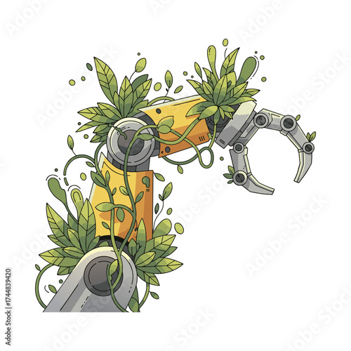 Futuristic robotic arm intertwined with lush green plants and natural elements