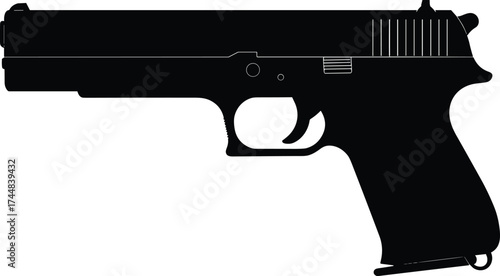 Black silhouette of semi-automatic handgun, side profile vector illustration, firearm shape for safety education, weapon design, tactical gear concept