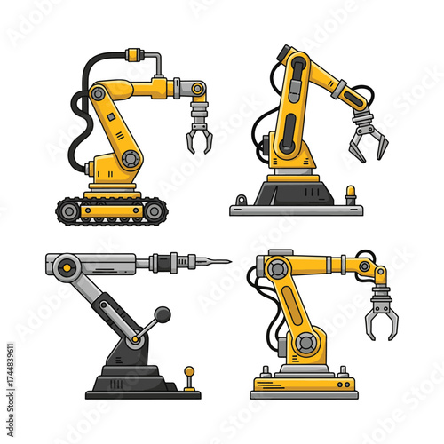 Set of four industrial robotic arms and manufacturing machinery elements