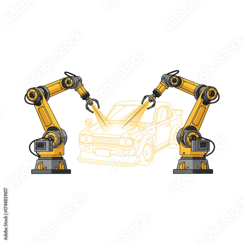 Robotic arms diligently assembling a car on an automated factory production line