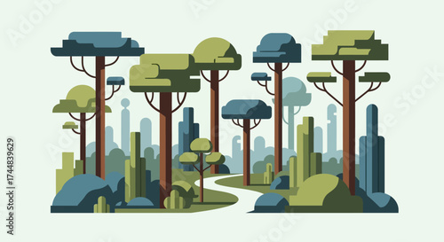 Stylized geometric forest with tall abstract trees and bushes.
