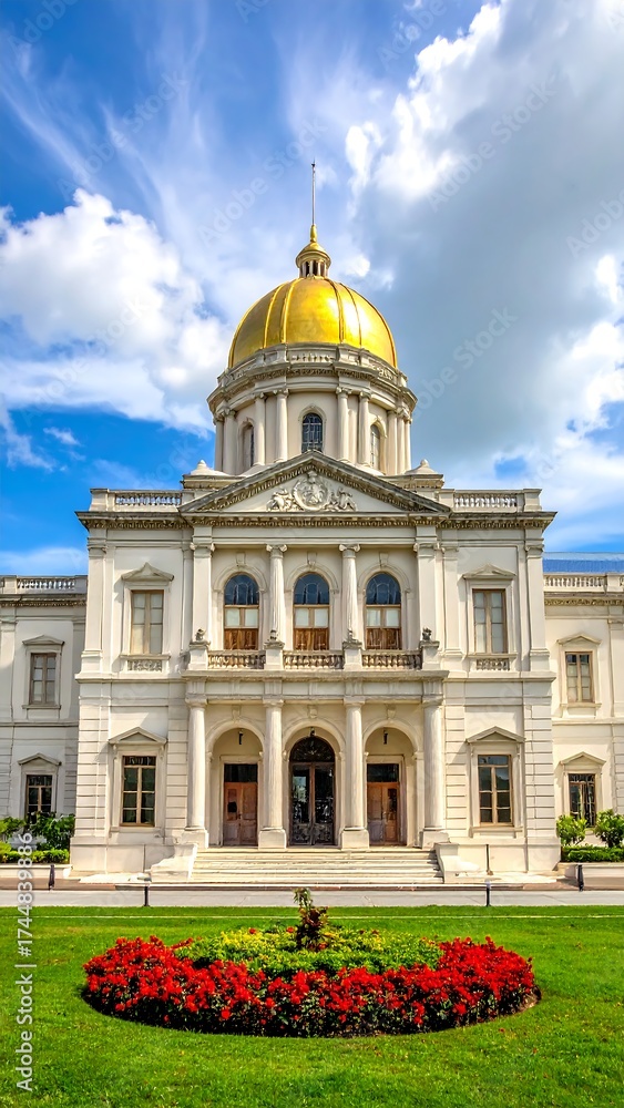 Fototapeta premium Exterior of a stately, light-colored government building. Golden dome, classic architecture, red flowers in front