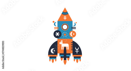 Stylized rocket ship with mystical and astrological symbols.