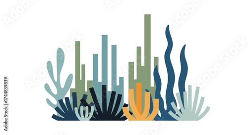 Stylized Seaweed and Coral Reef Illustration with Varied Colors and Shapes.
