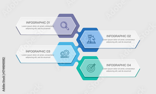 4 Step Hexagon Business Infographic Template Glassmorphism Design. Presentation, Banner, Brochure and Plan. Vector illustration.