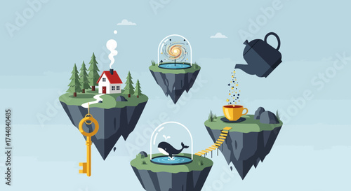 Surreal collection of floating islands with symbolic objects.