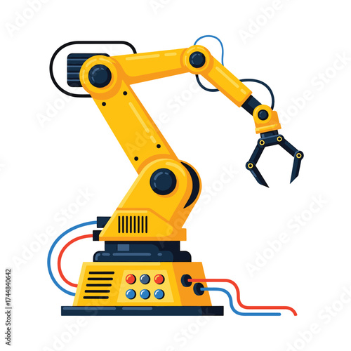 Yellow industrial robotic arm with a gripper for automated manufacturing processes