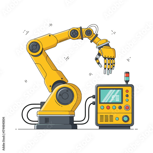 Yellow industrial robotic arm with integrated control panel for automation processes