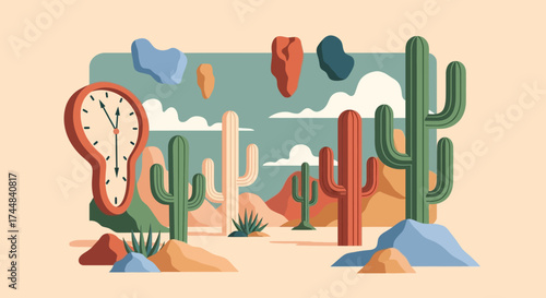 Surreal Desert Landscape with Clock and Cacti Illustration.