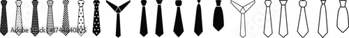Set of eighteen black necktie icons with assorted patterns, textures, and outlines, ideal for fashion, design, and style themes