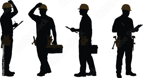 Construction worker silhouette vector illustration, men wearing helmets holding clipboard and toolbox, professional labor, engineering, maintenance, repair