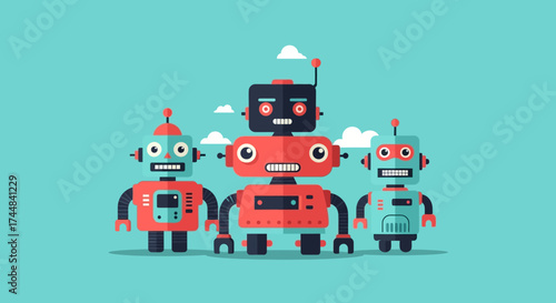 Three colorful robots stand together in a friendly pose, smiling.