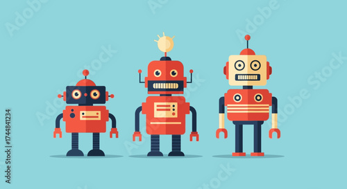 Three colorful retro robots standing together on a light blue background.