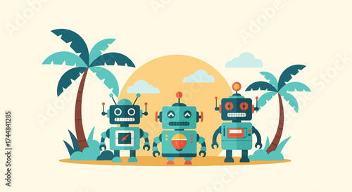 Three Cute Robots Standing Together on a Tropical Beach.