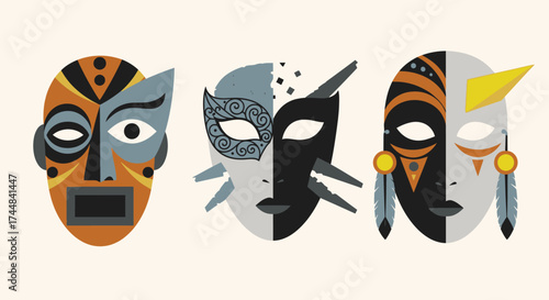 Three stylized tribal masks with unique designs and vibrant colors.
