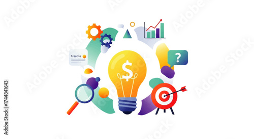 Bright Idea Lightbulb with Business and Strategy Elements.