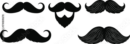 Set of five black mustache silhouettes and one beard design for character illustration, fashion styling, grooming icons, and vector use