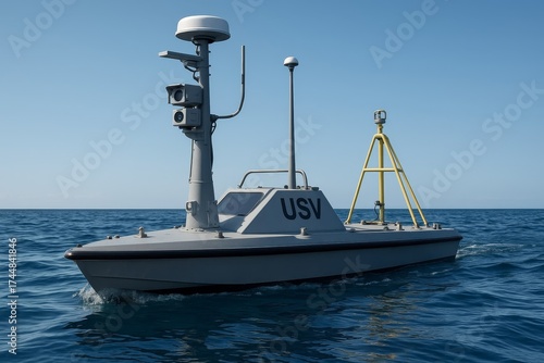 An Unmanned Surface Vehicle (USV) autonomously navigates the calm blue ocean. This advanced marine drone showcases modern naval technology and maritime capabilities.