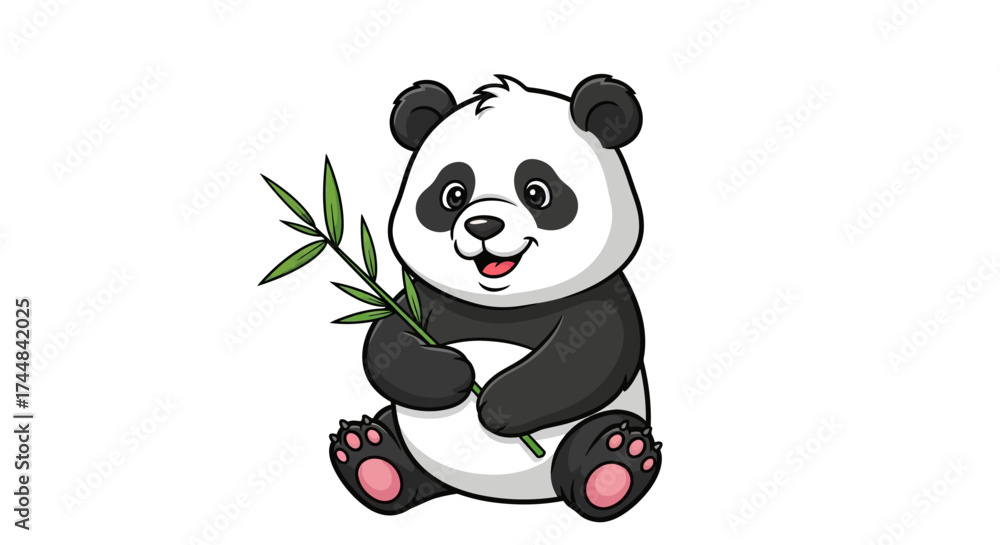 Naklejka premium Adorable cartoon panda holding bamboo, perfect for kids' books, educational materials, and cute animal-themed designs that bring joy and cheerfulness