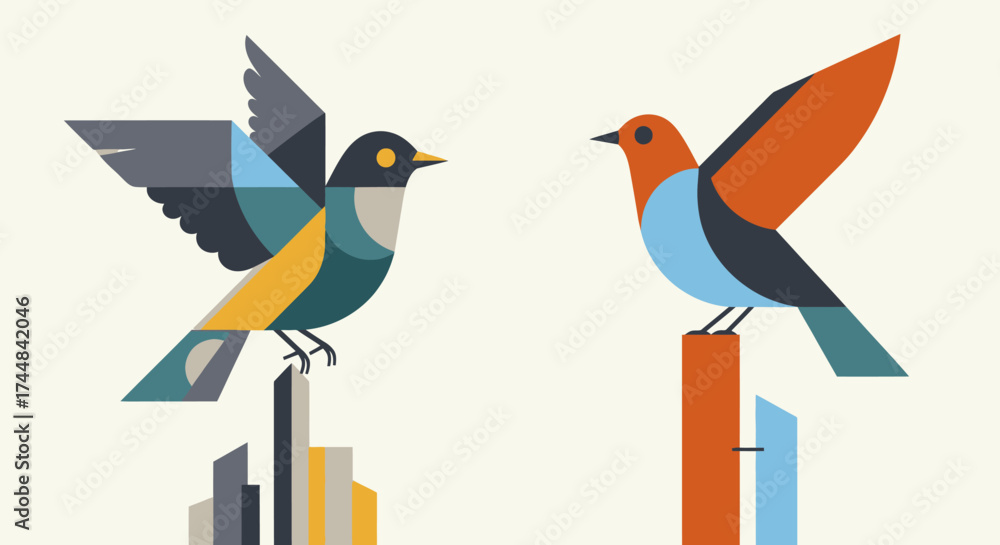 Fototapeta premium Two colorful geometric birds perched on abstract structures.