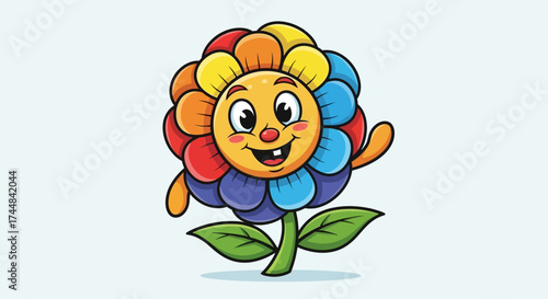 Cheerful rainbow flower character waving hello with a bright smile, bringing joy and color to your next project, perfect for kids' content and spring designs